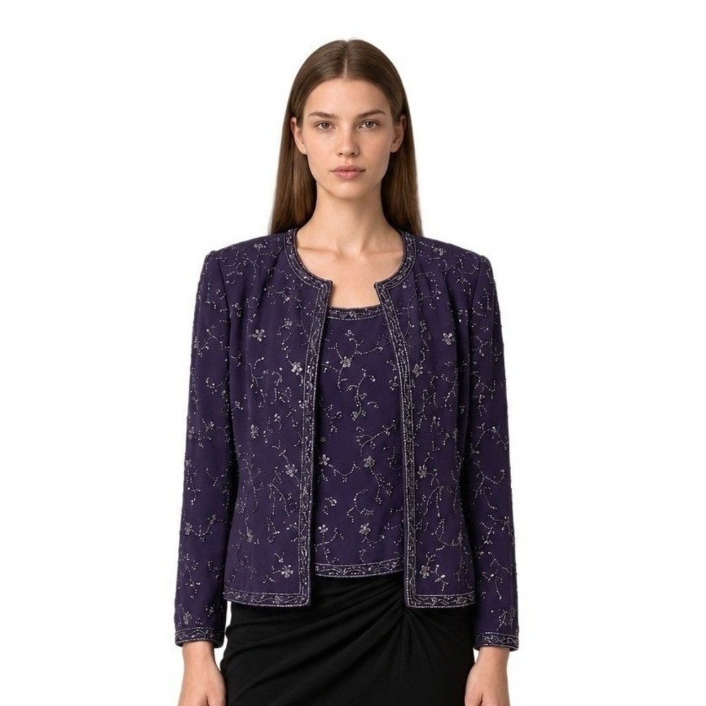 Papell Boutique Evening 100% Silk Jacket Cami Set Women's Size 10 Purple Beaded